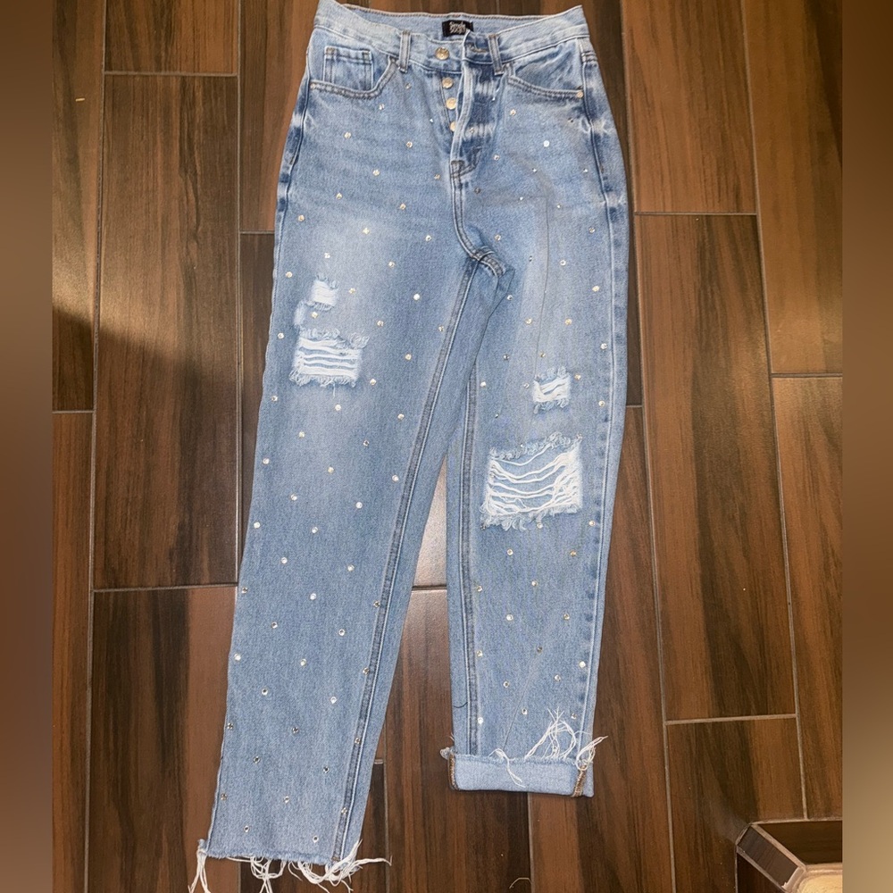 Society Light Blue Distressed Jeans with Pearl Details